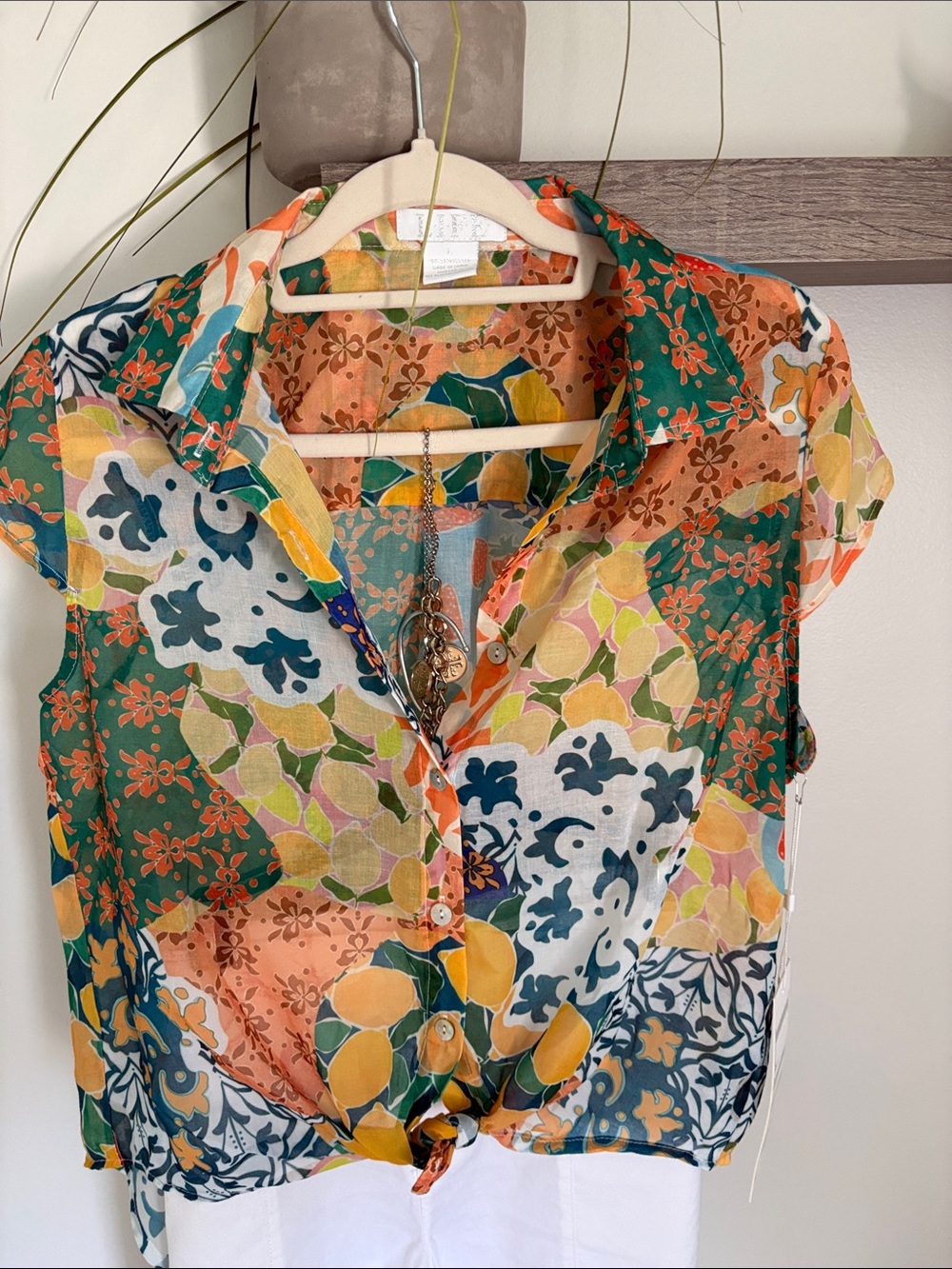 Tropical Print Tie-Front Blouse - Peach Multi med med nwt